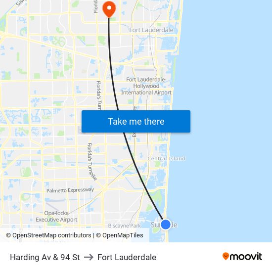 Harding Av & 94 St to Fort Lauderdale map