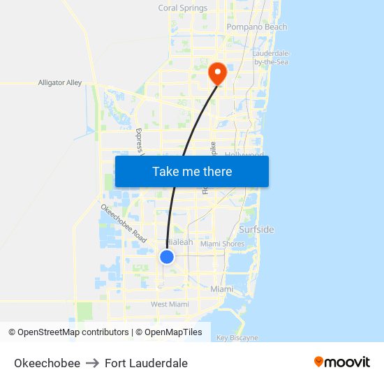 Okeechobee to Fort Lauderdale map