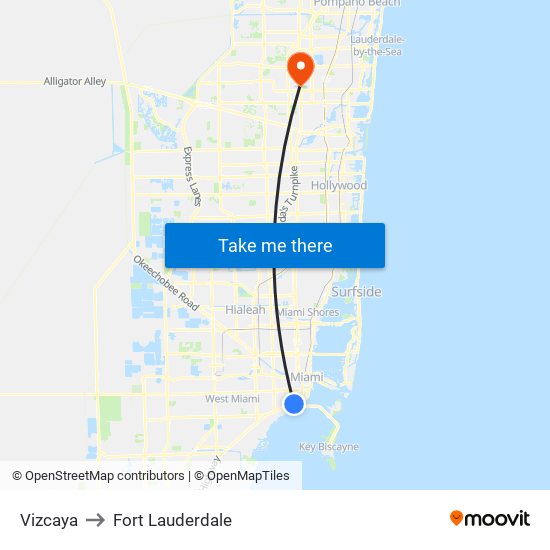 Vizcaya to Fort Lauderdale map