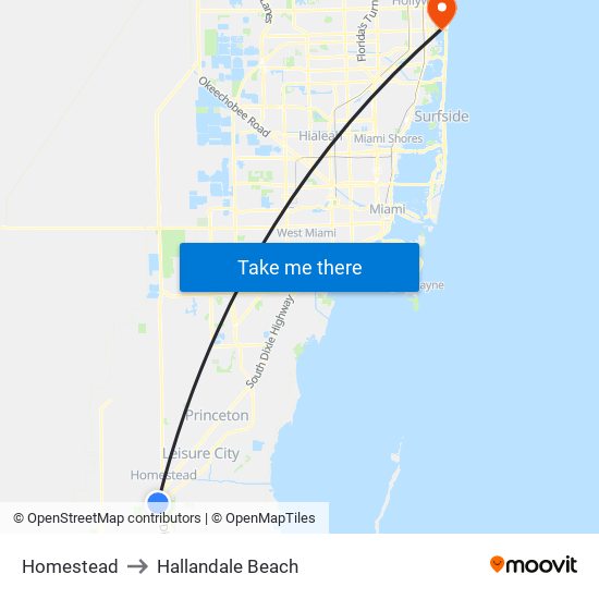 Homestead to Hallandale Beach map