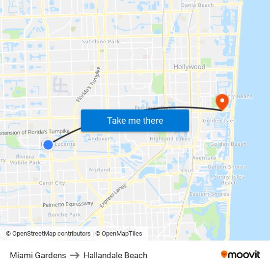 Miami Gardens to Hallandale Beach map