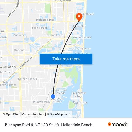 Biscayne Blvd & NE 123 St to Hallandale Beach map