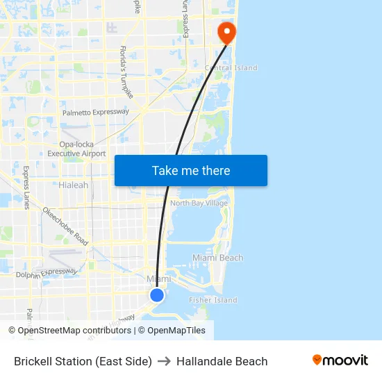 Brickell Station (East Side) to Hallandale Beach map