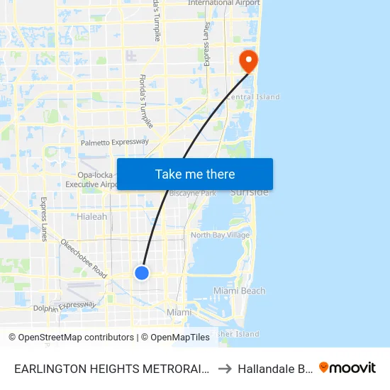 Earlington Heights Metrorail Station to Hallandale Beach map
