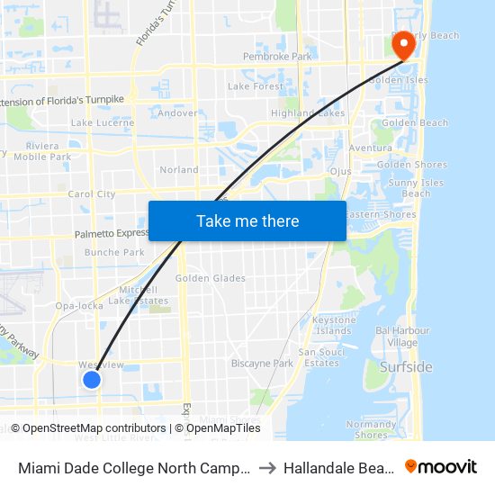 Miami Dade College North Campus to Hallandale Beach map