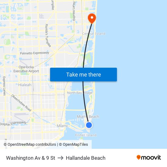 Washington Av & 9 St to Hallandale Beach map