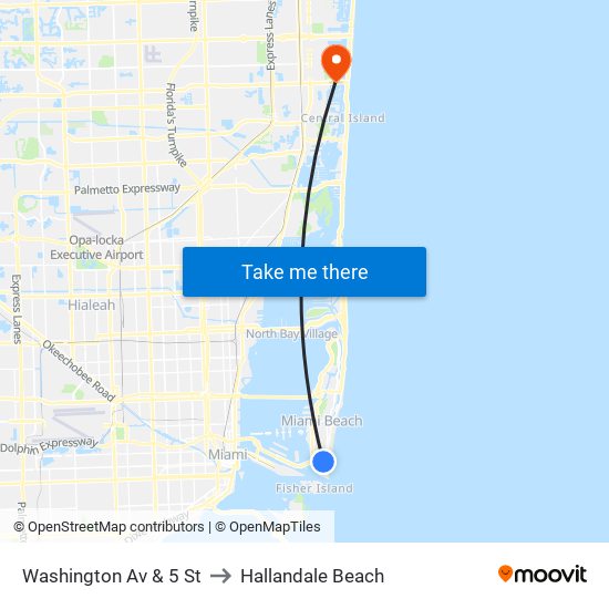 Washington Av & 5 St to Hallandale Beach map