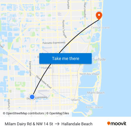 Milam Dairy Rd & NW 14 St to Hallandale Beach map
