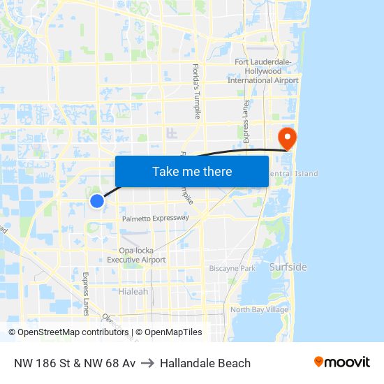 NW 186 St & NW 68 Av to Hallandale Beach map