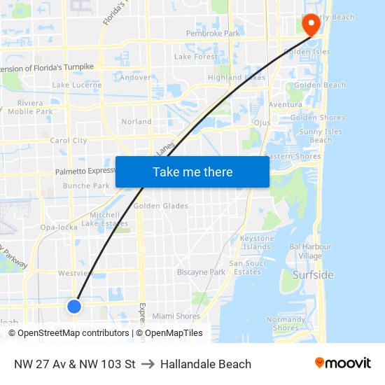 NW 27 Av & NW 103 St to Hallandale Beach map