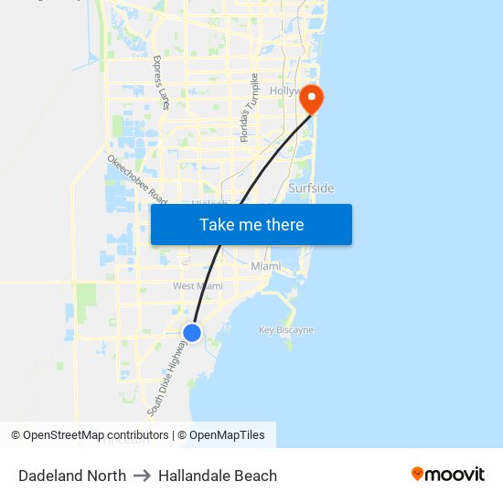 Dadeland North to Hallandale Beach map