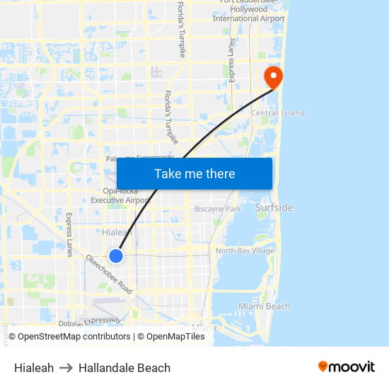 Hialeah to Hallandale Beach map