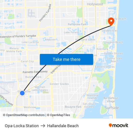 Opa-Locka Station to Hallandale Beach map