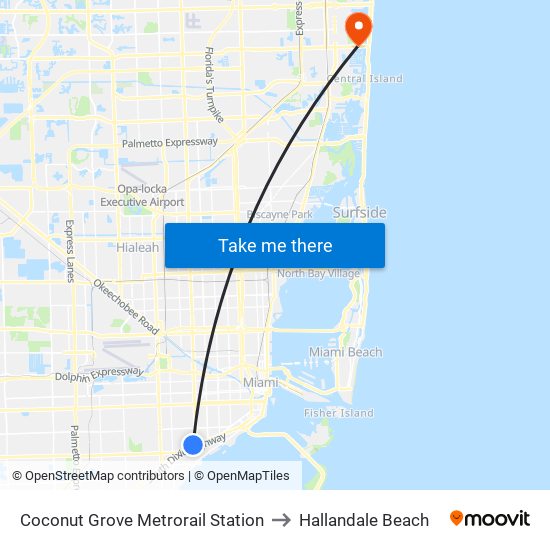 Coconut Grove Metrorail Station to Hallandale Beach map