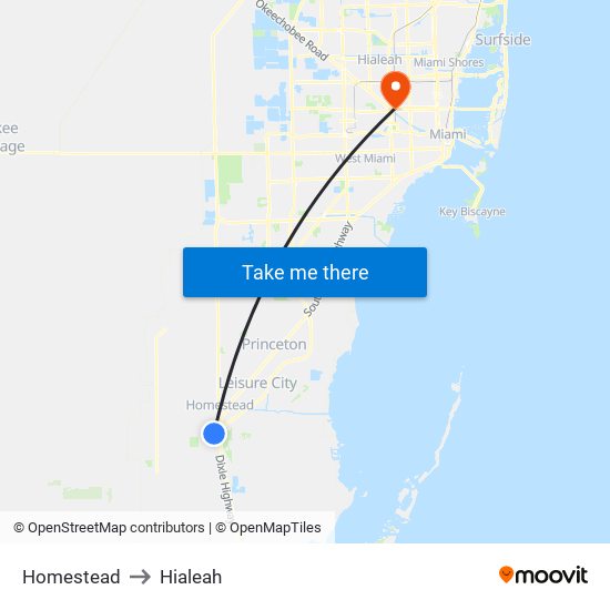 Homestead to Hialeah map