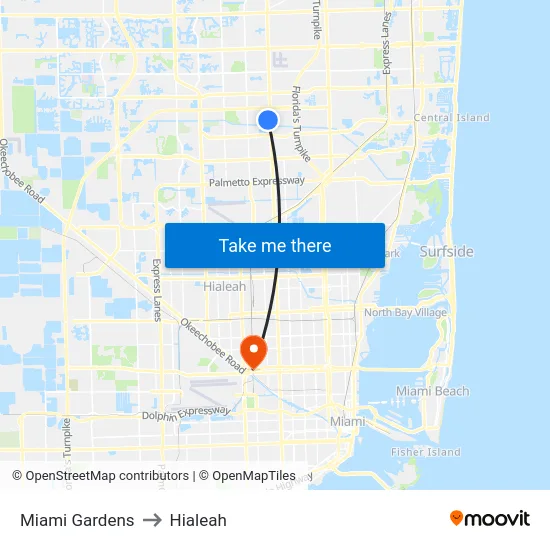 Miami Gardens to Hialeah map