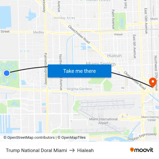 Trump National Doral Miami to Hialeah map