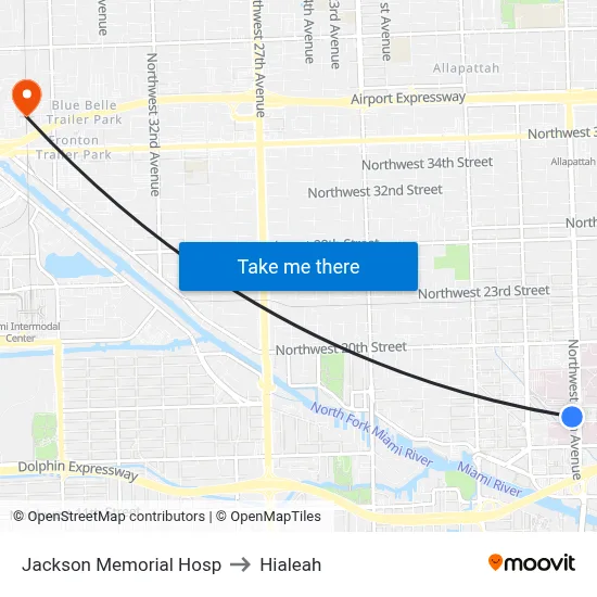 Jackson Memorial Hosp to Hialeah map
