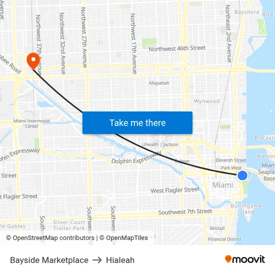 Bayside Marketplace to Hialeah map