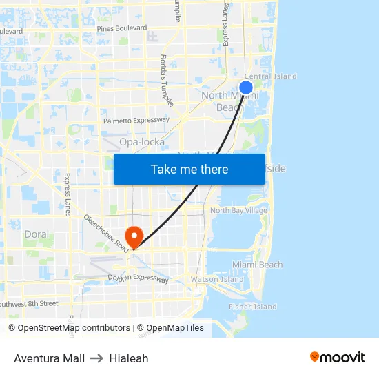 Aventura Mall to Hialeah map