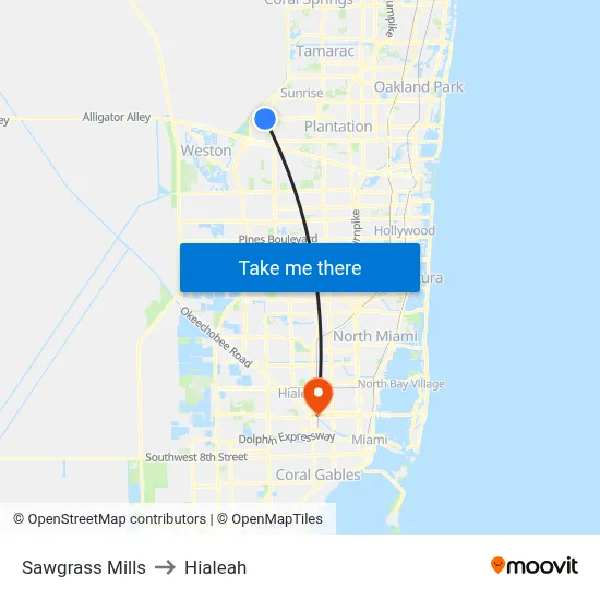 Sawgrass Mills to Hialeah map