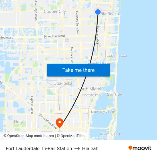 Fort Lauderdale Tri-Rail Station to Hialeah map