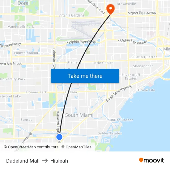 Dadeland Mall to Hialeah map