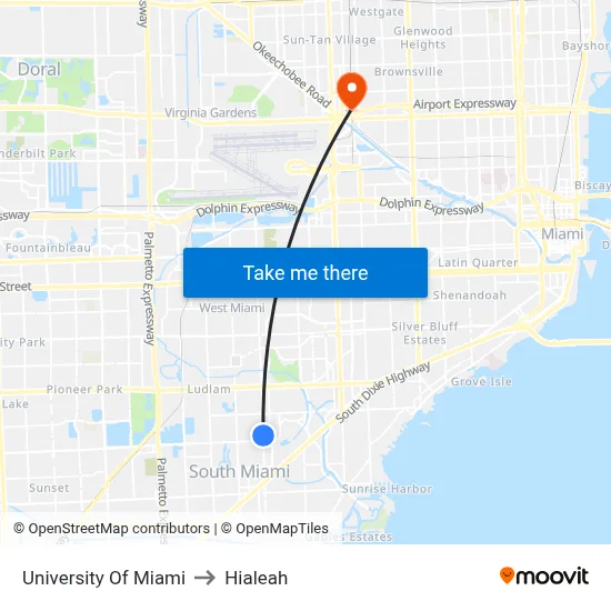 University Of Miami to Hialeah map