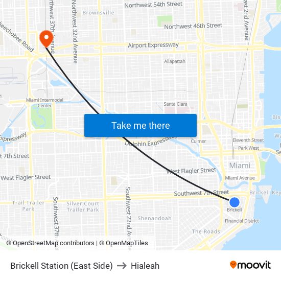 Brickell Station (East Side) to Hialeah map