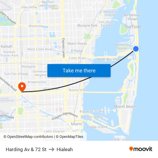 Harding Av & 72 St to Hialeah map