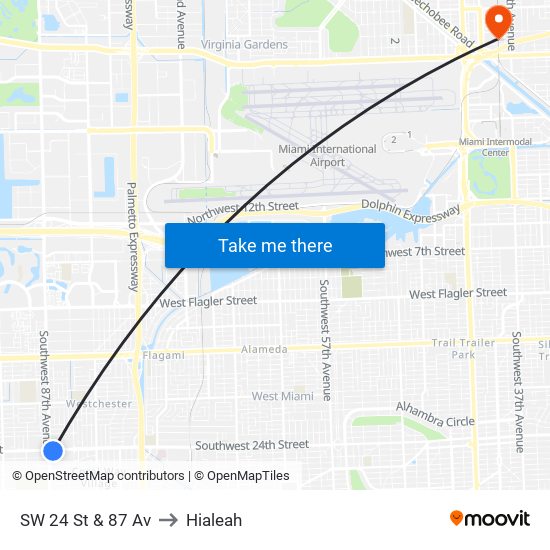 SW 24 St & 87 Av to Hialeah map