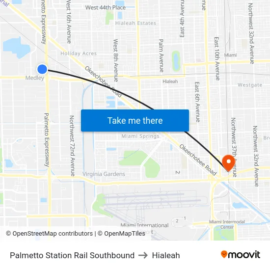 Palmetto Station Rail Southbound to Hialeah map