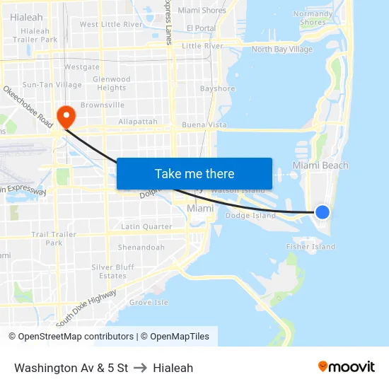 Washington Av & 5 St to Hialeah map