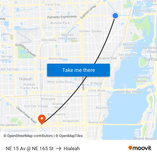 NE 15 Av @ NE 165 St to Hialeah map