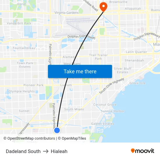 Dadeland South to Hialeah map