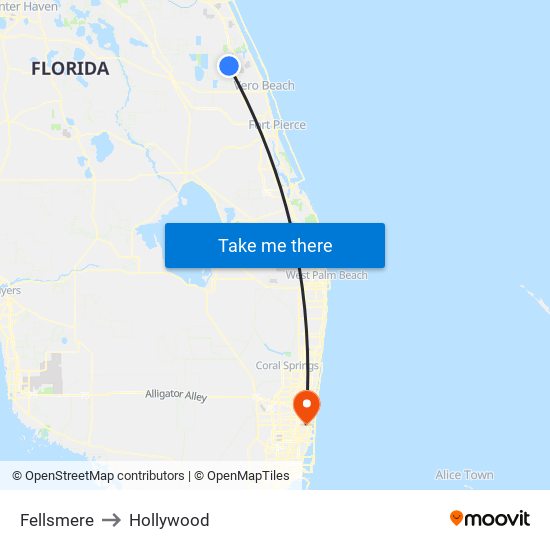 Fellsmere to Hollywood map