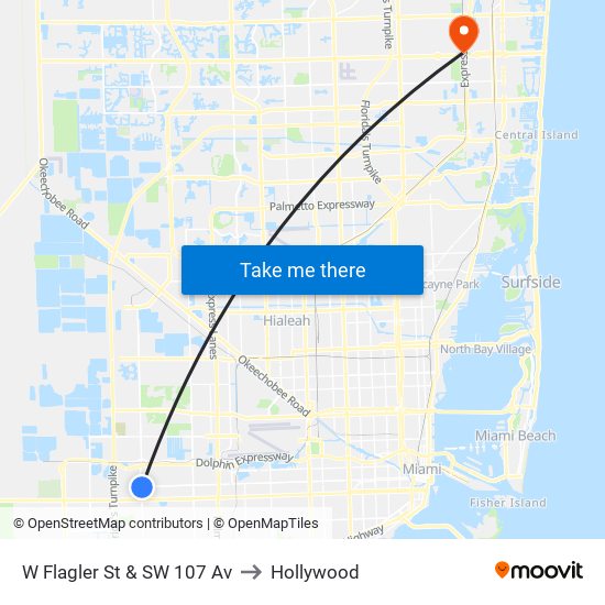 W Flagler St & SW 107 Av to Hollywood map