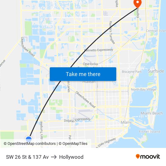 SW 26 St & 137 Av to Hollywood map