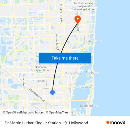 Dr Martin Luther King Jr Station to Hollywood map