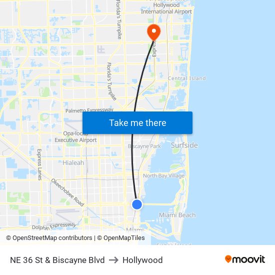 NE 36 St & Biscayne Blvd to Hollywood map