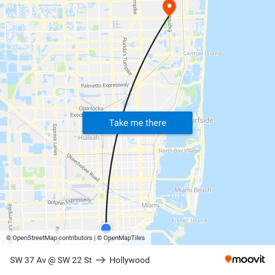 SW 37 Av @ SW 22 St to Hollywood map