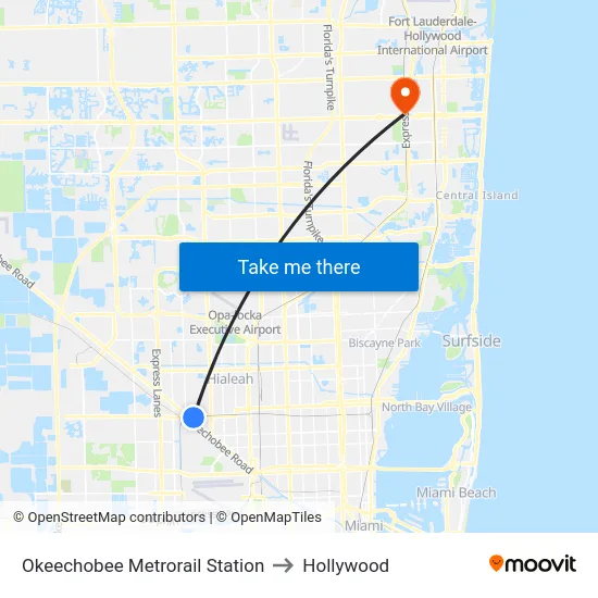 Okeechobee Metrorail Station to Hollywood map