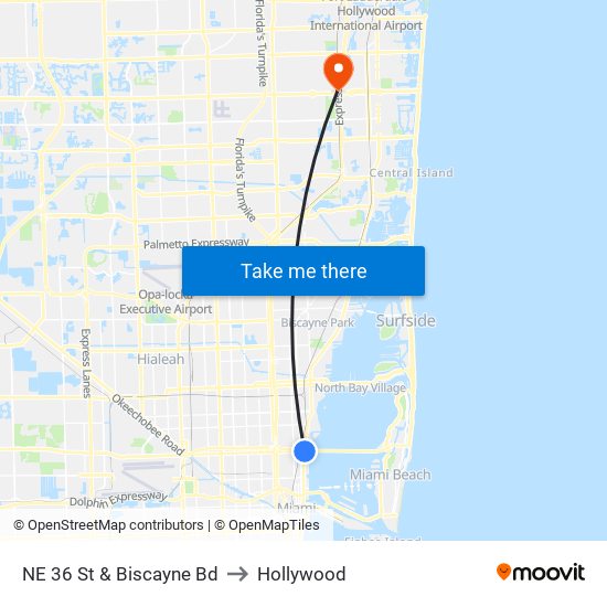 NE 36 St & Biscayne Bd to Hollywood map