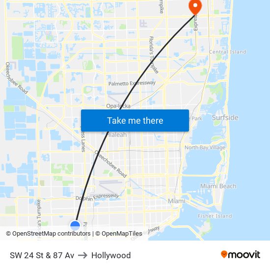 SW 24 St & 87 Av to Hollywood map