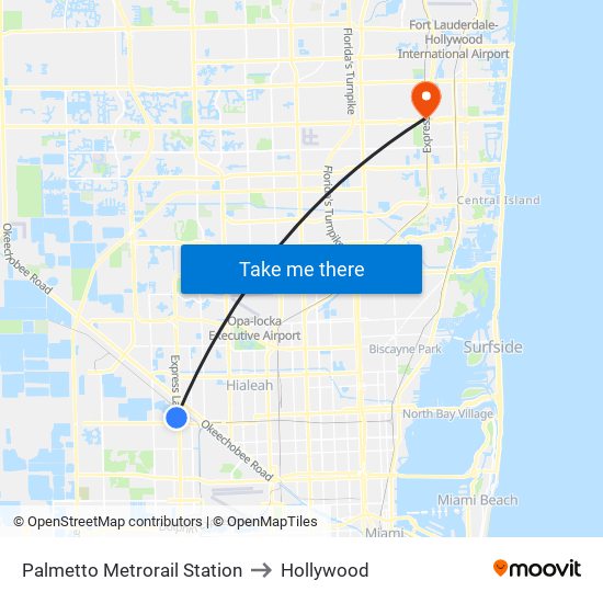 Palmetto Metrorail Station to Hollywood map