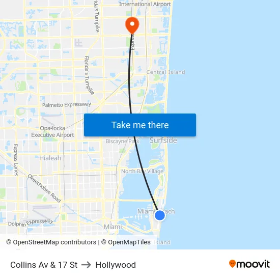Collins Av & 17 St to Hollywood map