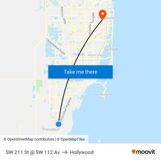 SW 211 St @ SW 112 Av to Hollywood map
