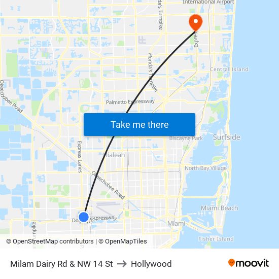 Milam Dairy Rd & NW 14 St to Hollywood map