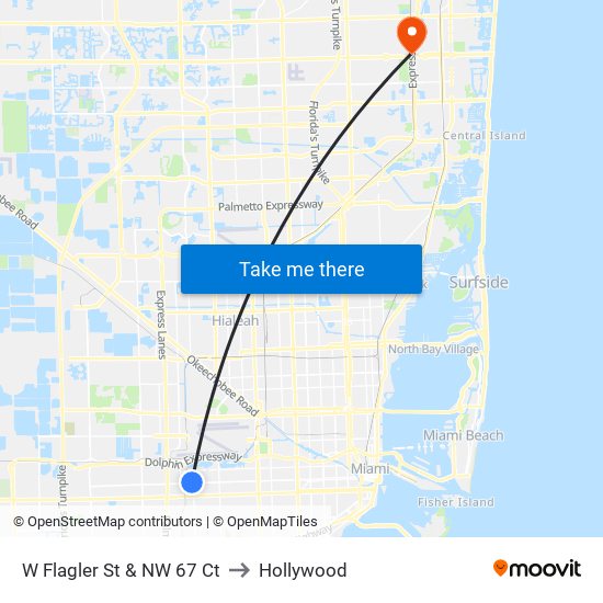 W Flagler St & NW 67 Ct to Hollywood map