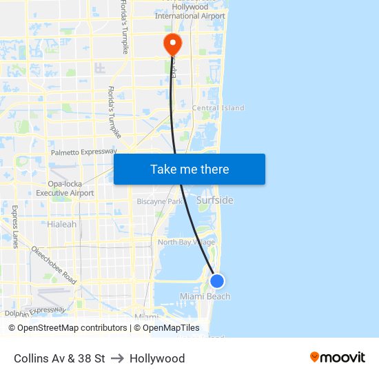 Collins Av & 38 St to Hollywood map